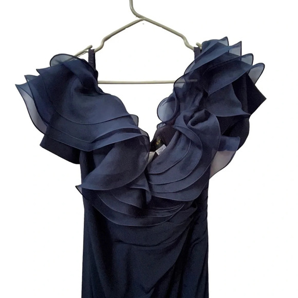 Alexander by Daymor Navy Blue Ruffled Off The Shoulder Sheath Dress 1257 Size 16 - Picture 4 of 16